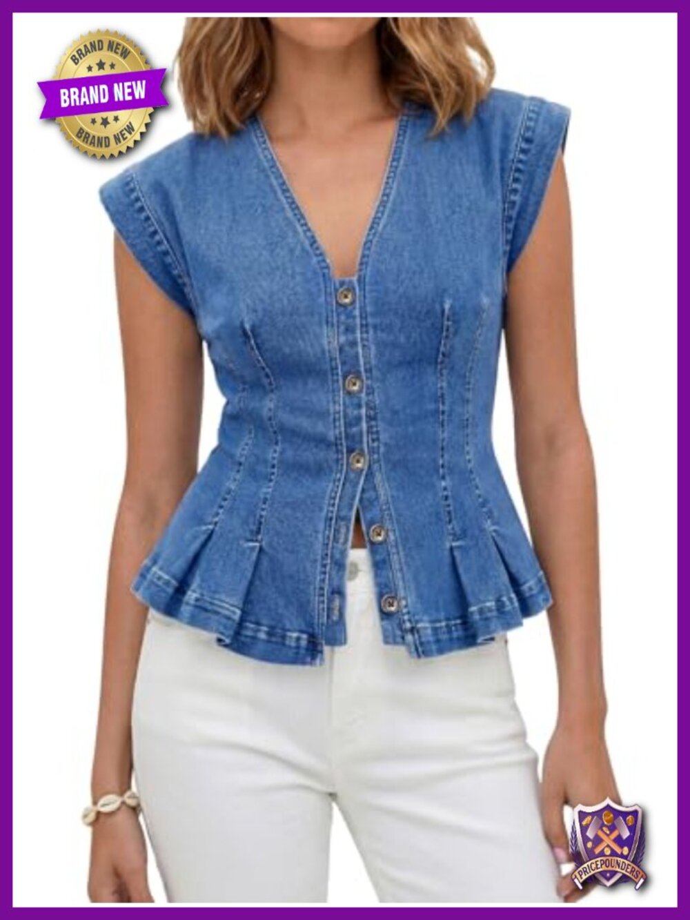 Womens Denim Vest Fitted Pleated Sleeveless V-Neck Button Y2K Jean Top